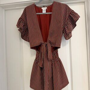 Striped Ruffle Sleeve Tie-Front Romper